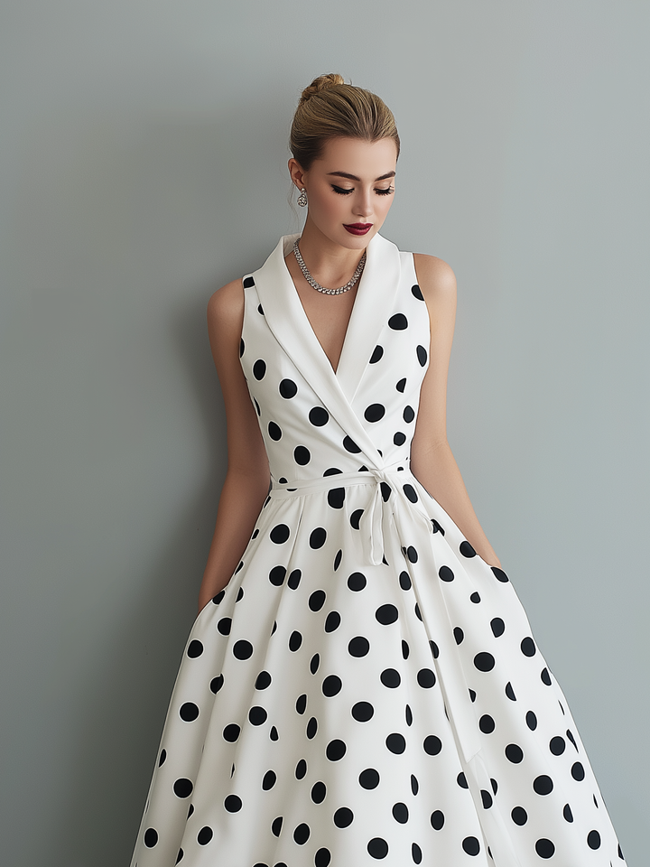 Kaia | Polished Polka Dot Races Dresses Collared Wrap Midi Dress