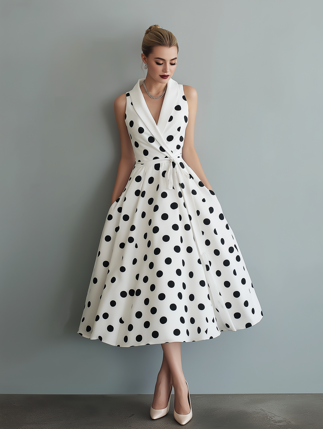 Kaia | Polished Polka Dot Races Dresses Collared Wrap Midi Dress