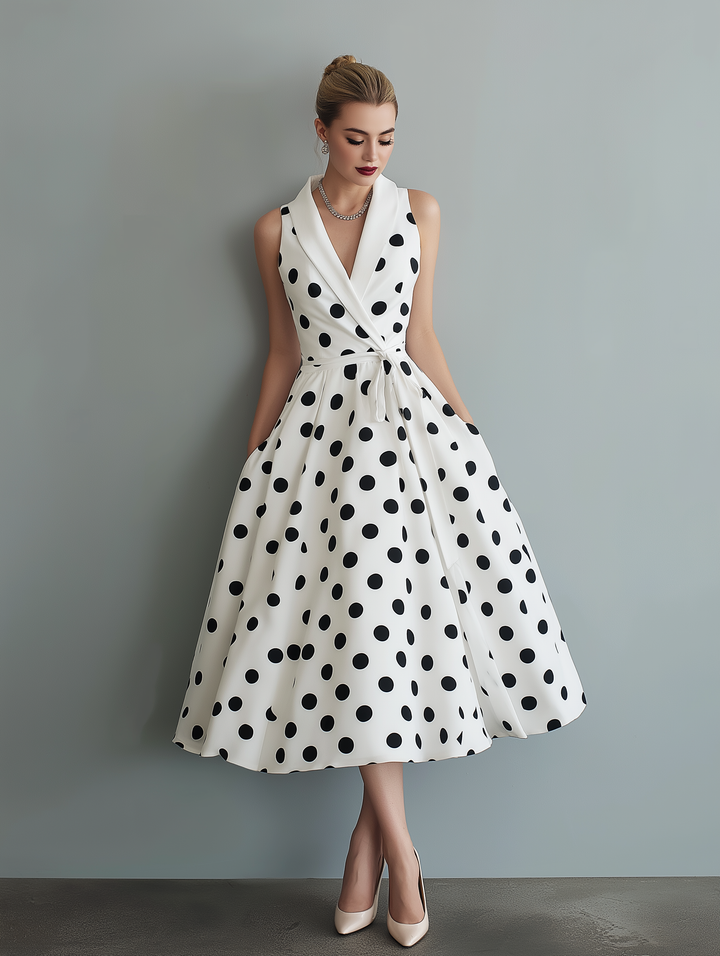 Kaia | Polished Polka Dot Races Dresses Collared Wrap Midi Dress