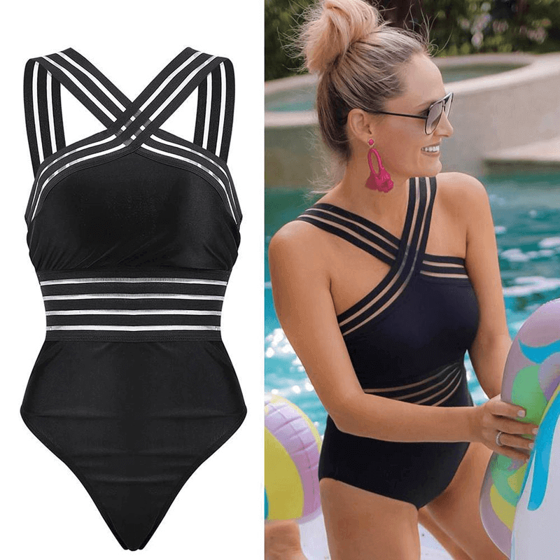 Kaia | Polished Striped Mesh One Piece Swimsuit