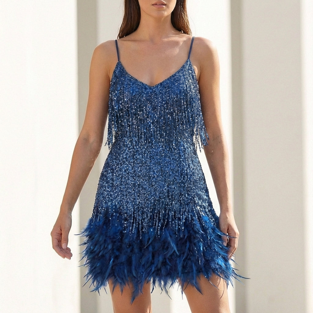 Kaia | Sophisticated Fringe Sequin Dress with Feather Hem