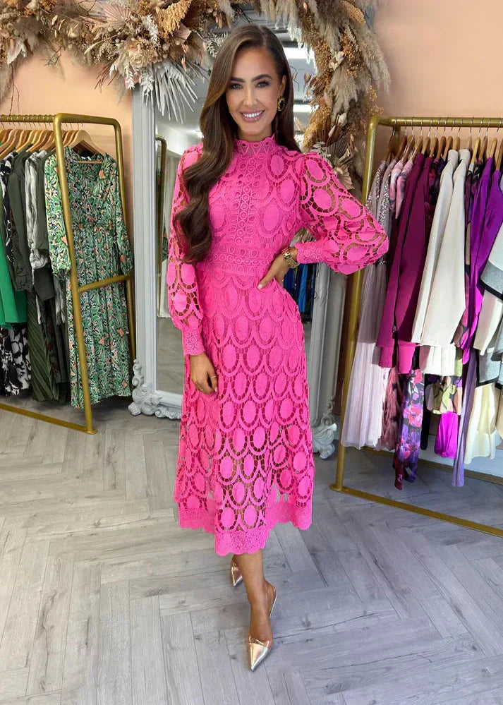 Kaia | Sophisticated Lace Midi Races Dresses with Puff Sleeves