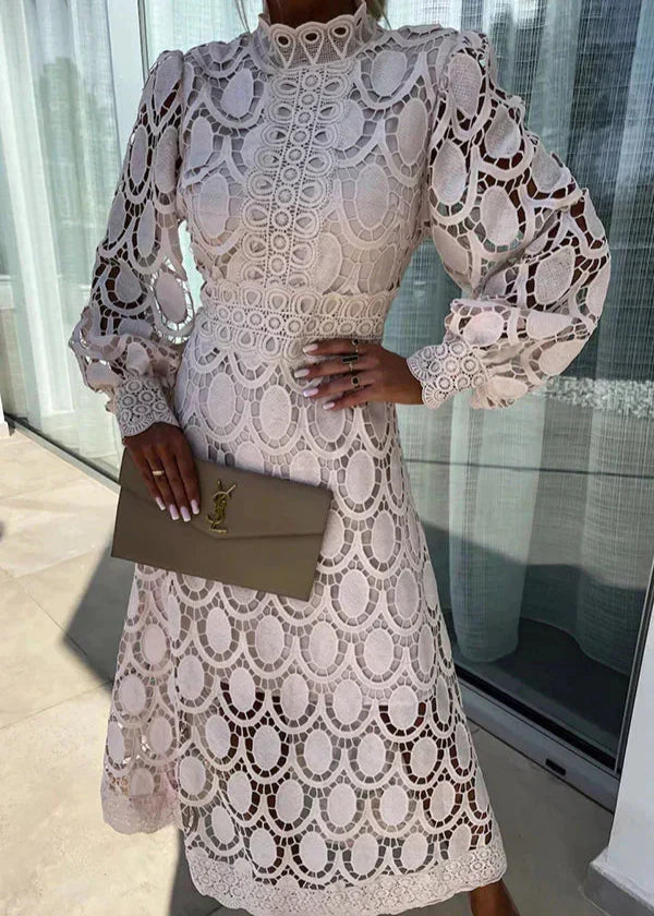 Kaia | Sophisticated Lace Midi Races Dresses with Puff Sleeves