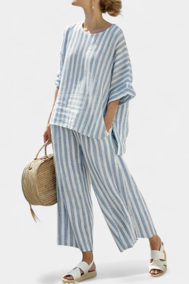 Lainey | Classic Striped Wide Leg Linen Pants Set