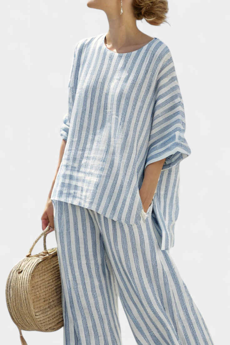 Lainey | Classic Striped Wide Leg Linen Pants Set