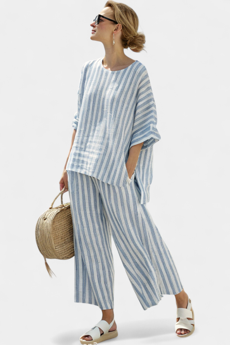 Lainey | Classic Striped Wide Leg Linen Pants Set