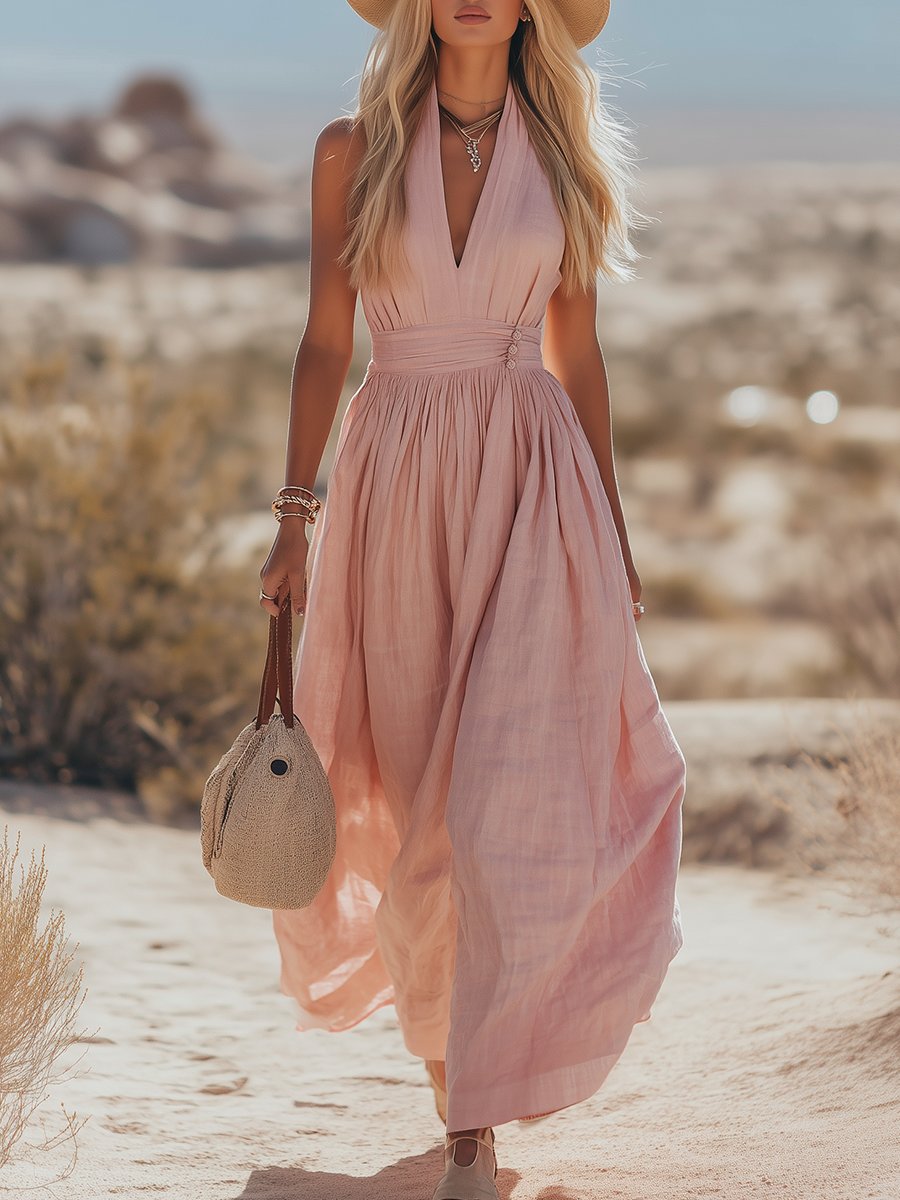 Lainey | Refined Ruched-Waist Halter Maxi Linen Dress