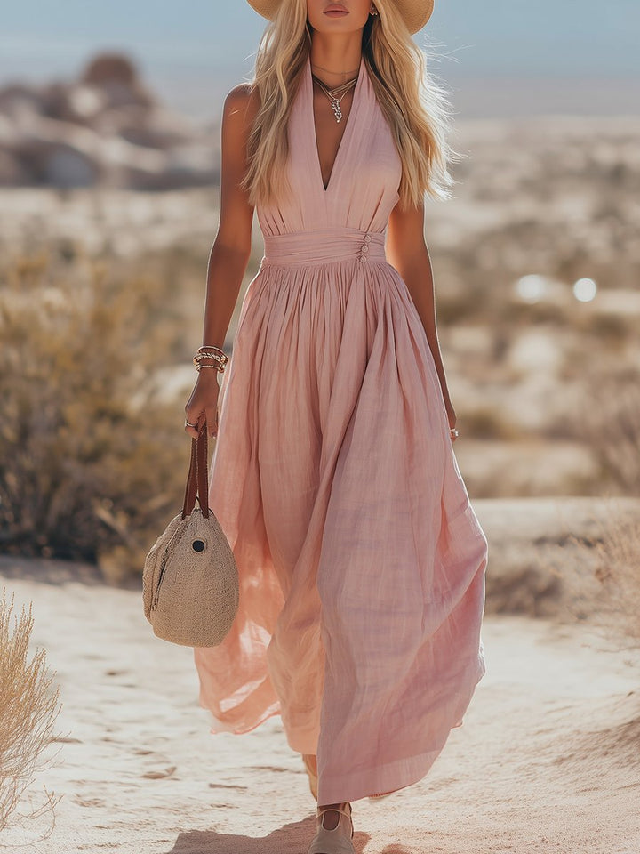 Lainey | Refined Ruched-Waist Halter Maxi Linen Dress
