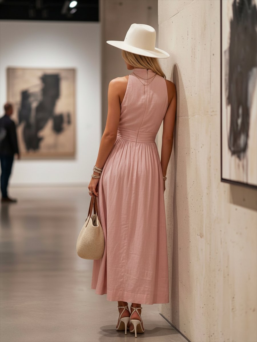 Lainey | Refined Ruched-Waist Halter Maxi Linen Dress