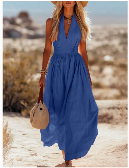 Lainey | Refined Ruched-Waist Halter Maxi Linen Dress