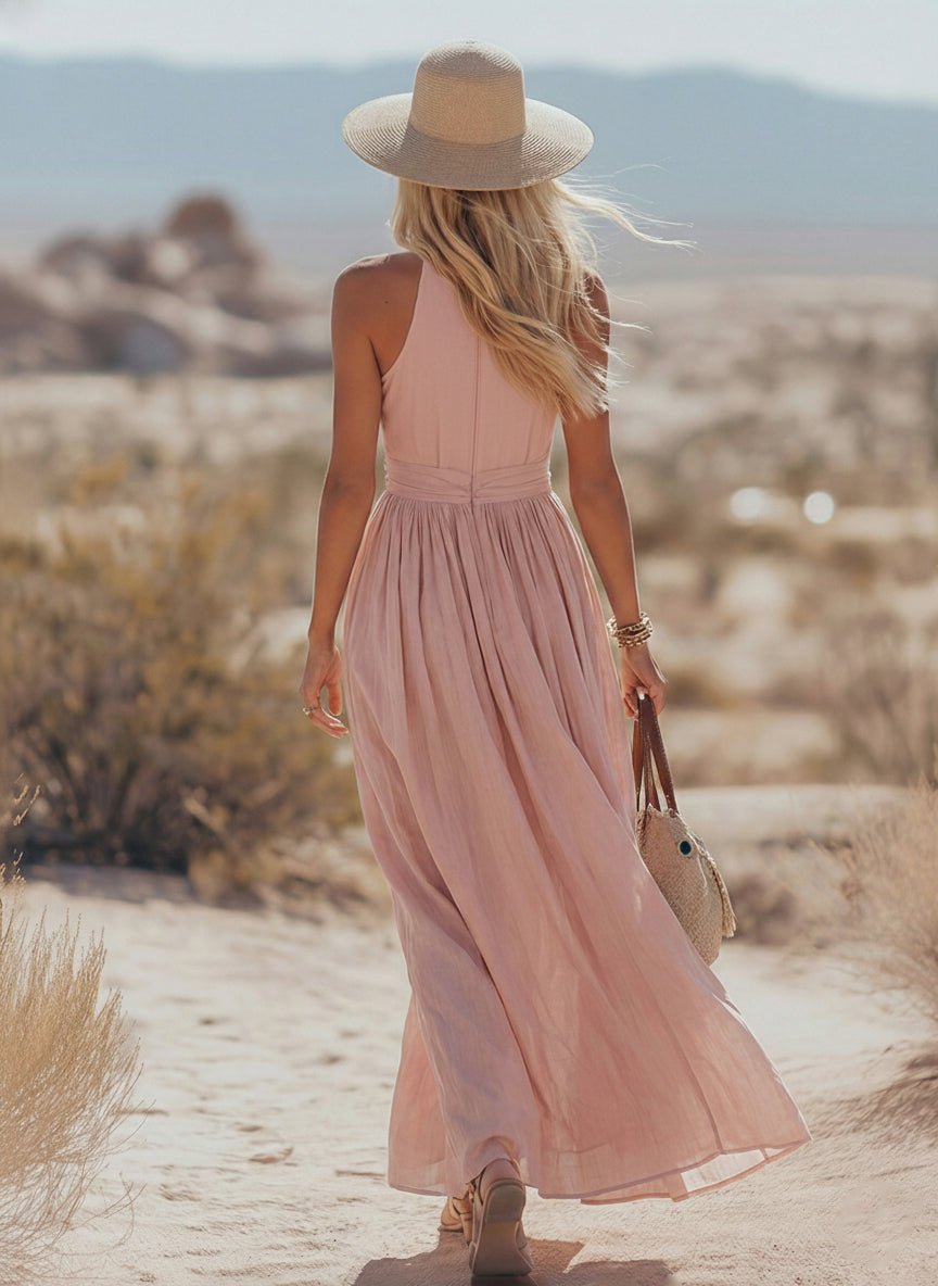 Lainey | Refined Ruched-Waist Halter Maxi Linen Dress
