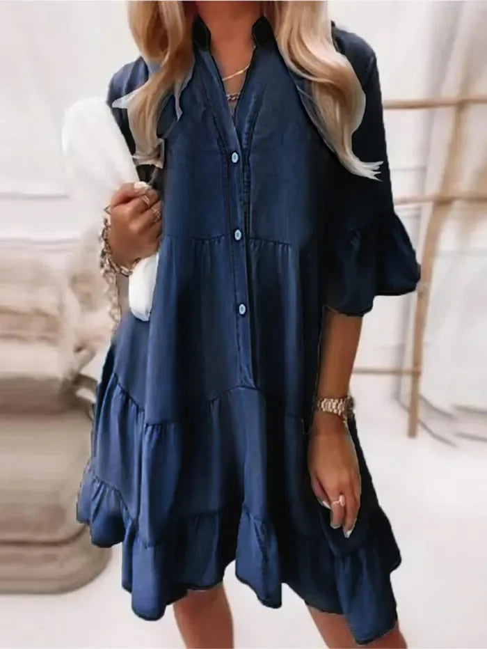 Lainey | Timeless Ruffle Sleeve Denim Dress with Tiered Hem