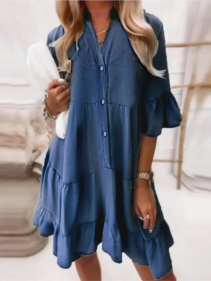 Lainey | Timeless Ruffle Sleeve Denim Dress with Tiered Hem