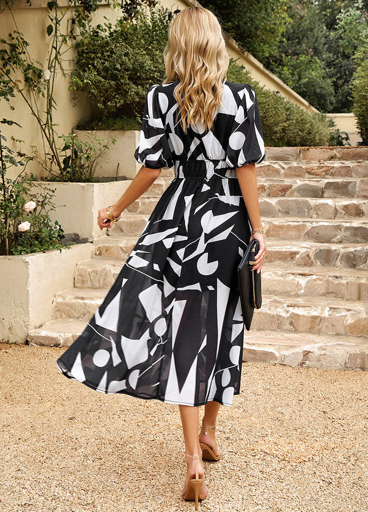Layla | Floral Puff Sleeve V-Neck Midi Cocktail Dress