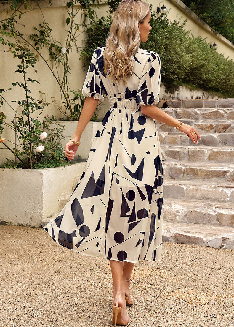 Layla | Floral Puff Sleeve V-Neck Midi Cocktail Dress