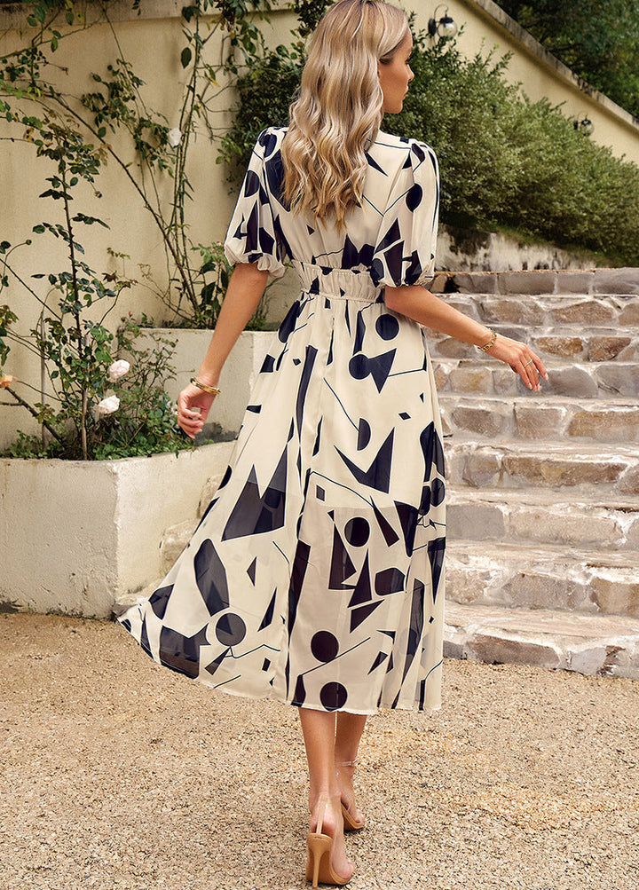 Layla | Floral Puff Sleeve V-Neck Midi Cocktail Dress