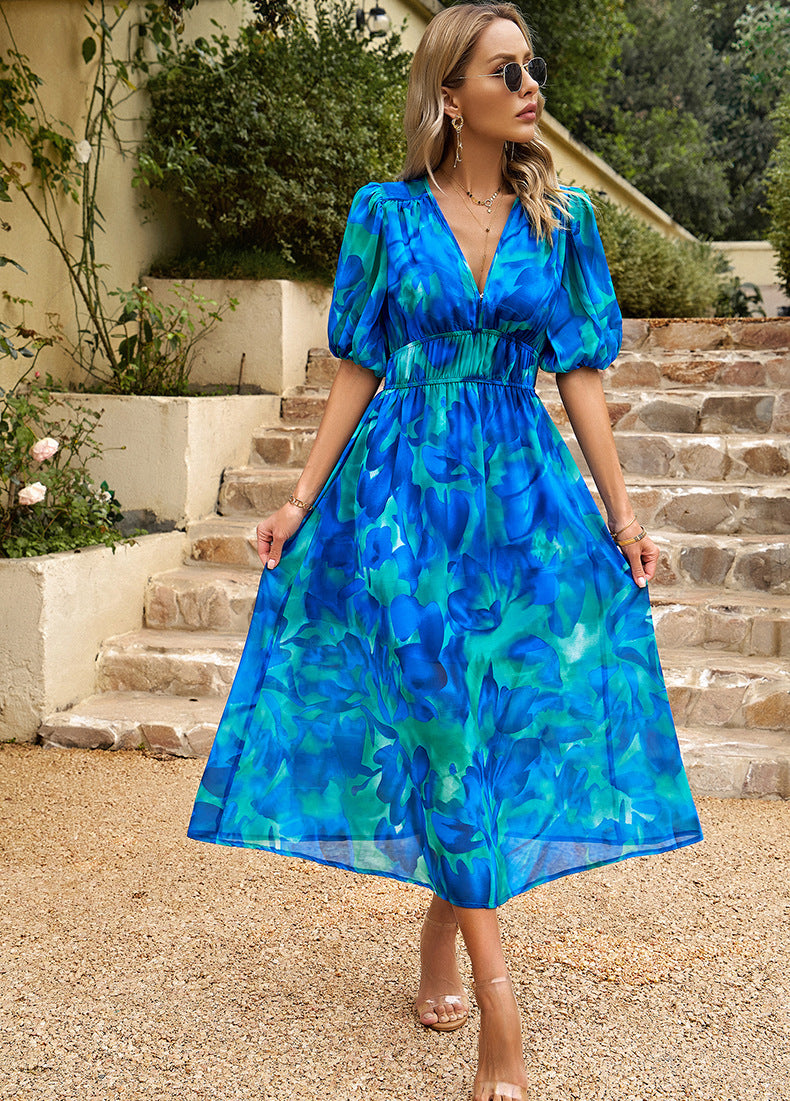 Layla | Floral Puff Sleeve V-Neck Midi Cocktail Dress