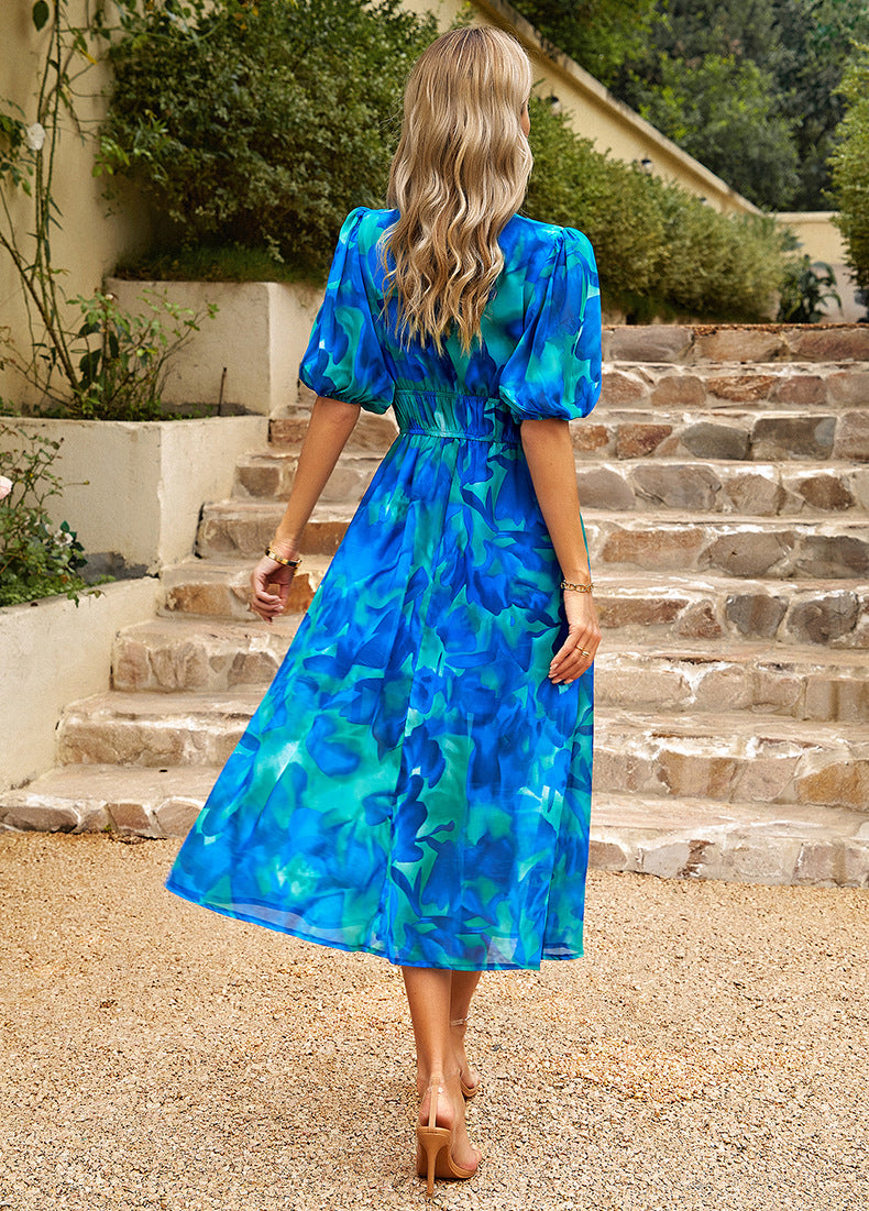 Layla | Floral Puff Sleeve V-Neck Midi Cocktail Dress