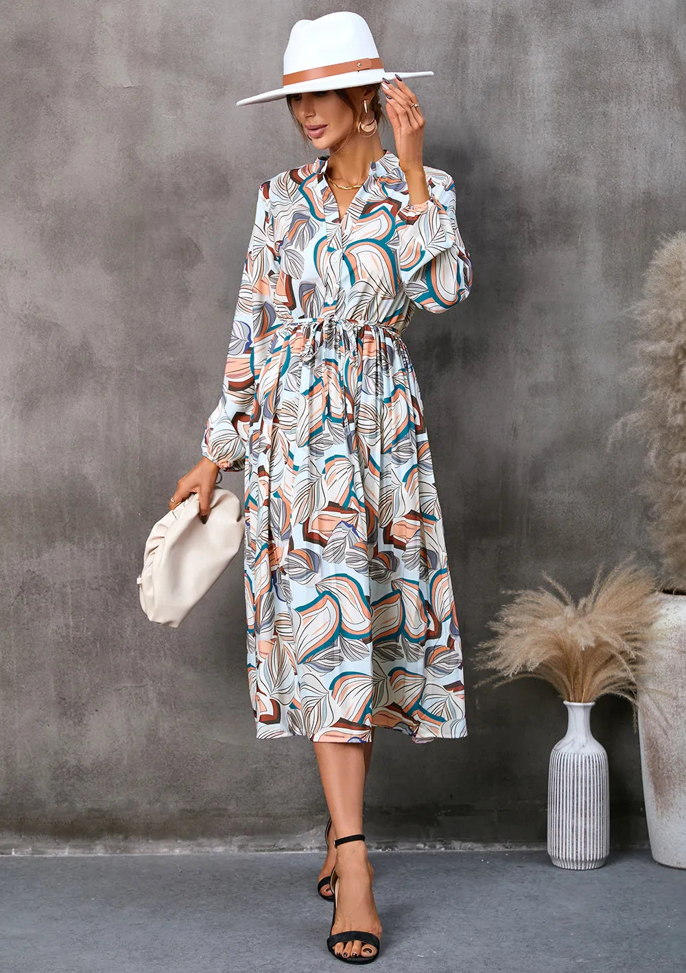 Layla | Graceful Botanical Long Sleeve Shirt Midi Dress