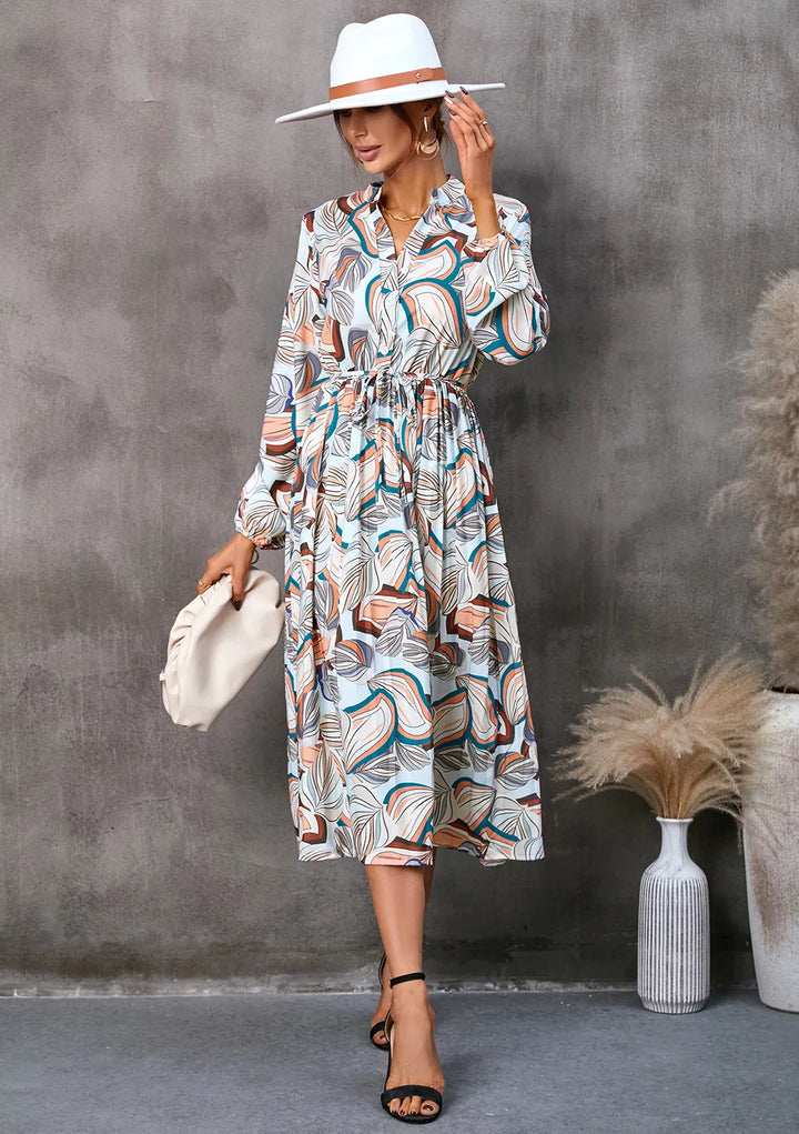 Layla | Graceful Botanical Long Sleeve Shirt Midi Dress