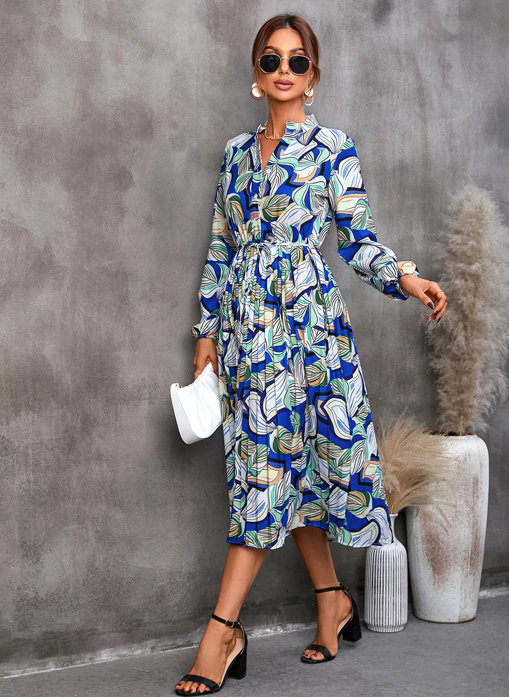 Layla | Graceful Botanical Long Sleeve Shirt Midi Dress