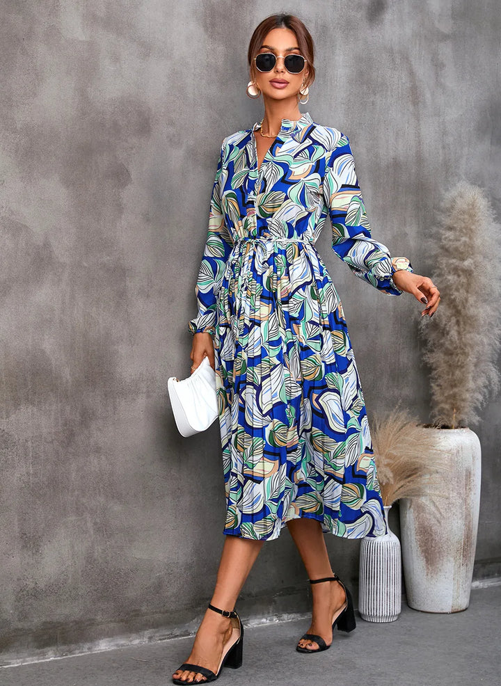 Layla | Graceful Botanical Long Sleeve Shirt Midi Dress