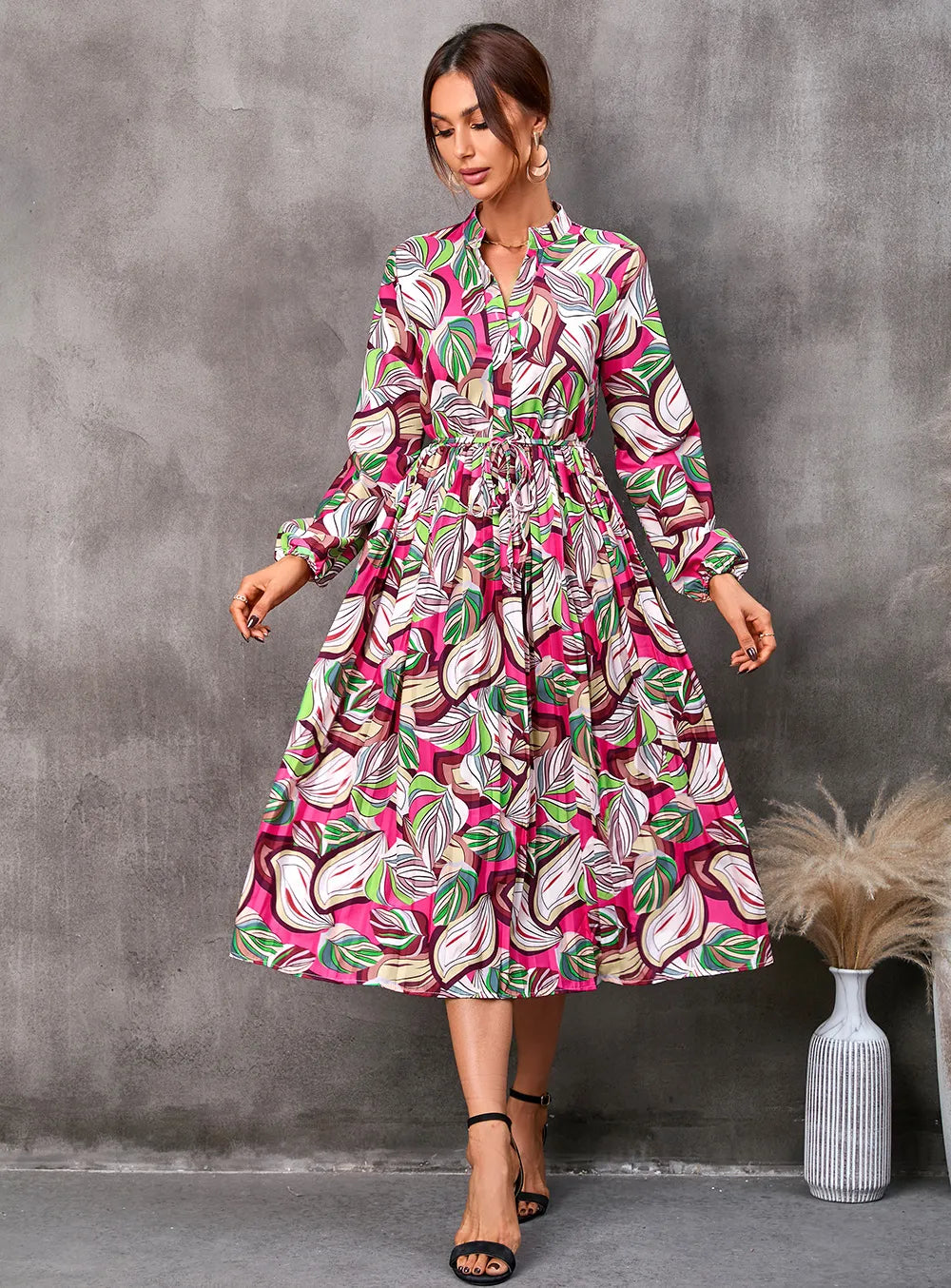 Layla | Graceful Botanical Long Sleeve Shirt Midi Dress