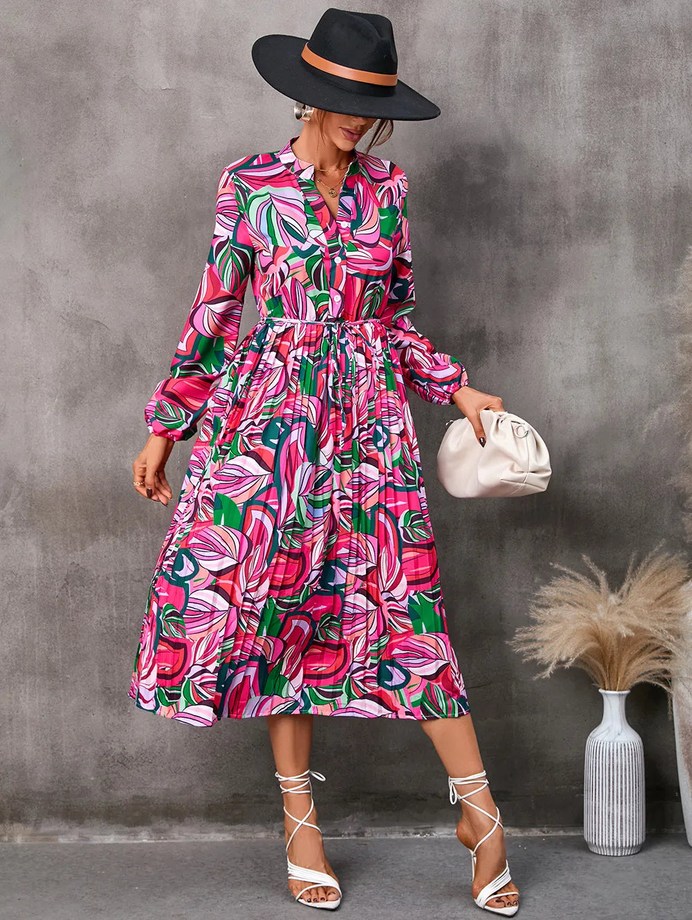 Layla | Graceful Botanical Long Sleeve Shirt Midi Dress