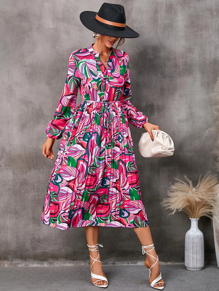 Layla | Graceful Botanical Long Sleeve Shirt Midi Dress