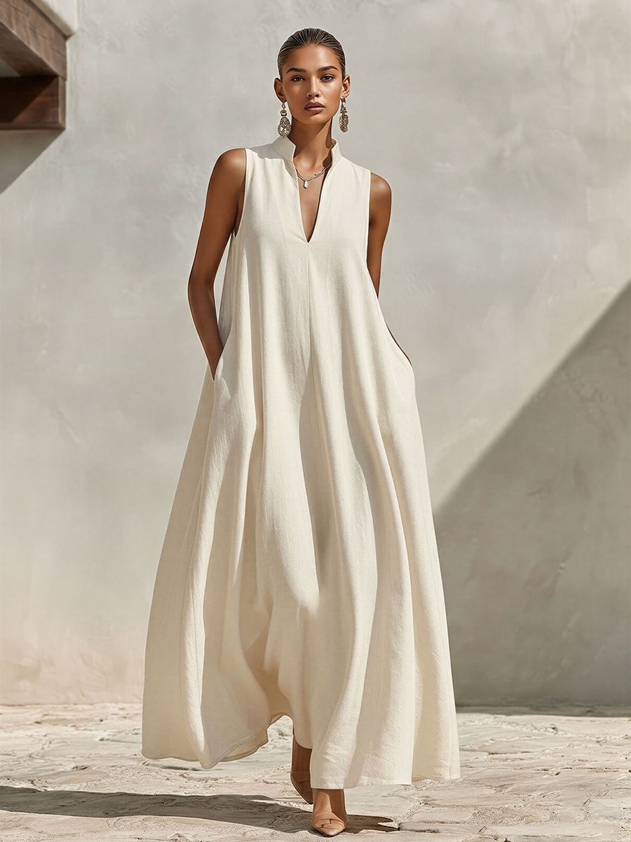 Layla | Polished Sleeveless V-Neck Maxi Linen Dress