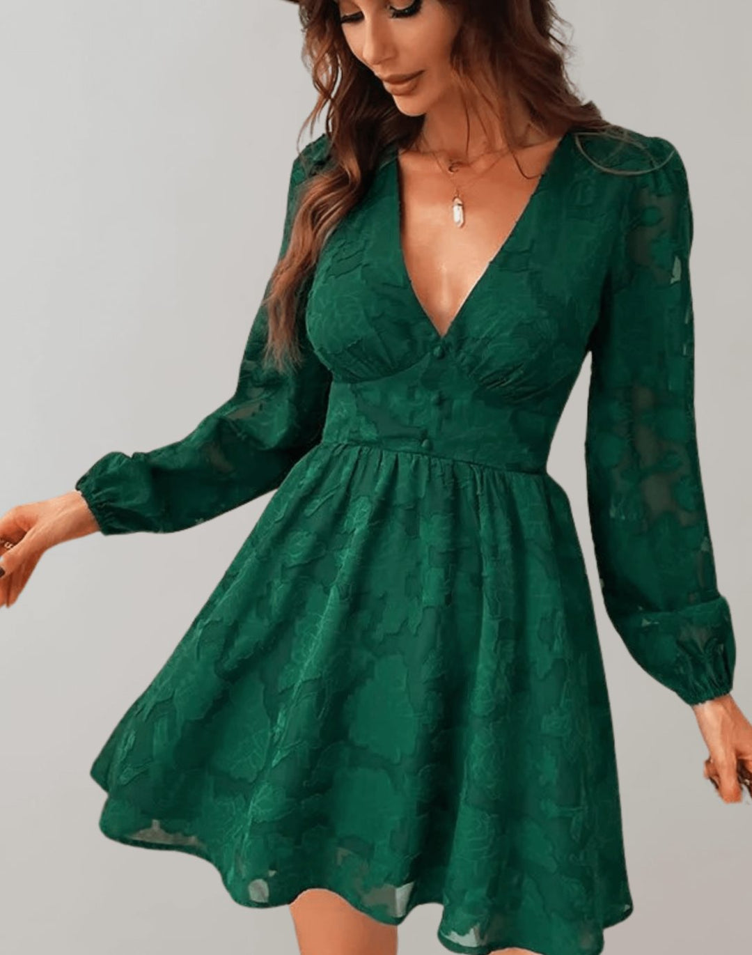 Layla | Relaxed Floral Jacquard V-Neck Long Sleeve Party Dress