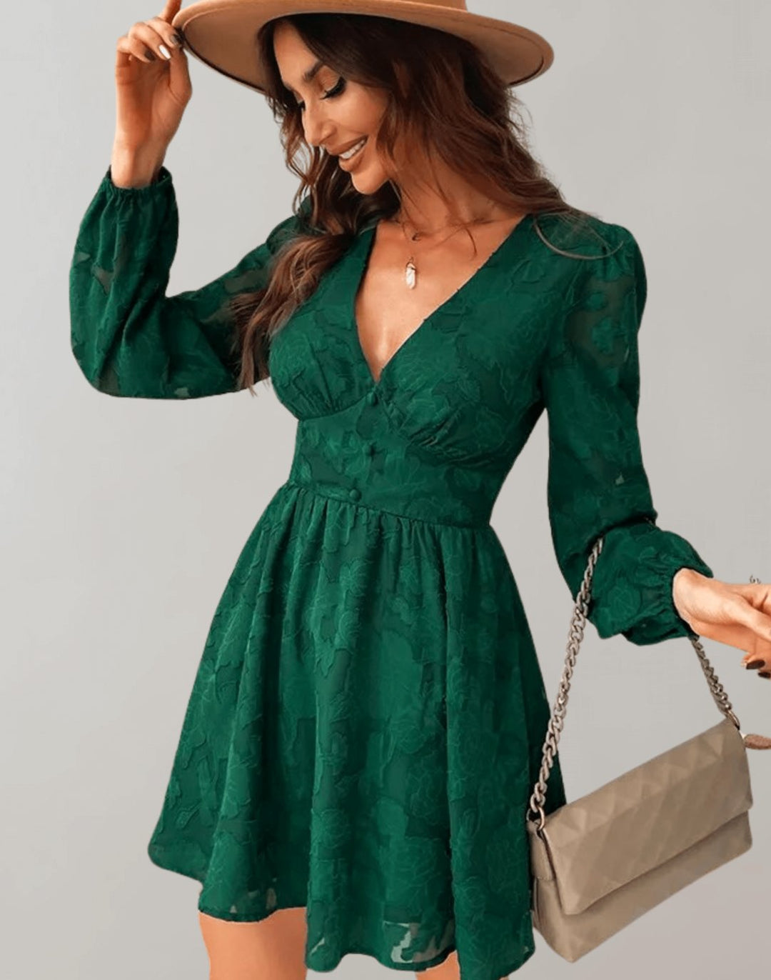 Layla | Relaxed Floral Jacquard V-Neck Long Sleeve Party Dress
