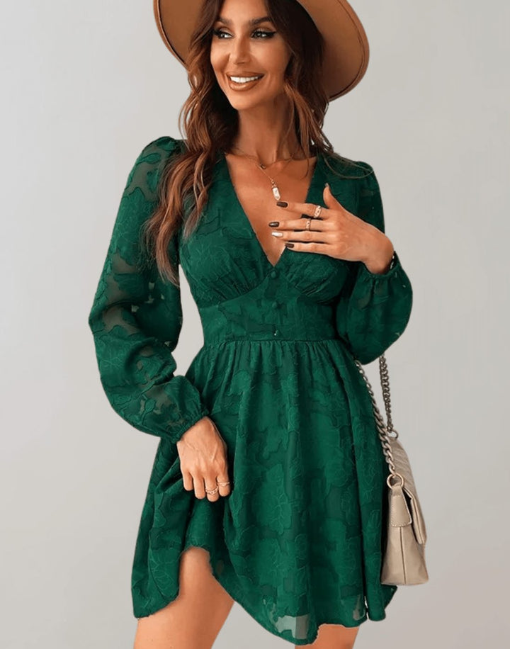 Layla | Relaxed Floral Jacquard V-Neck Long Sleeve Party Dress
