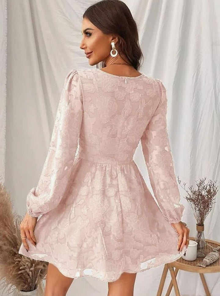 Layla | Relaxed Floral Jacquard V-Neck Long Sleeve Party Dress