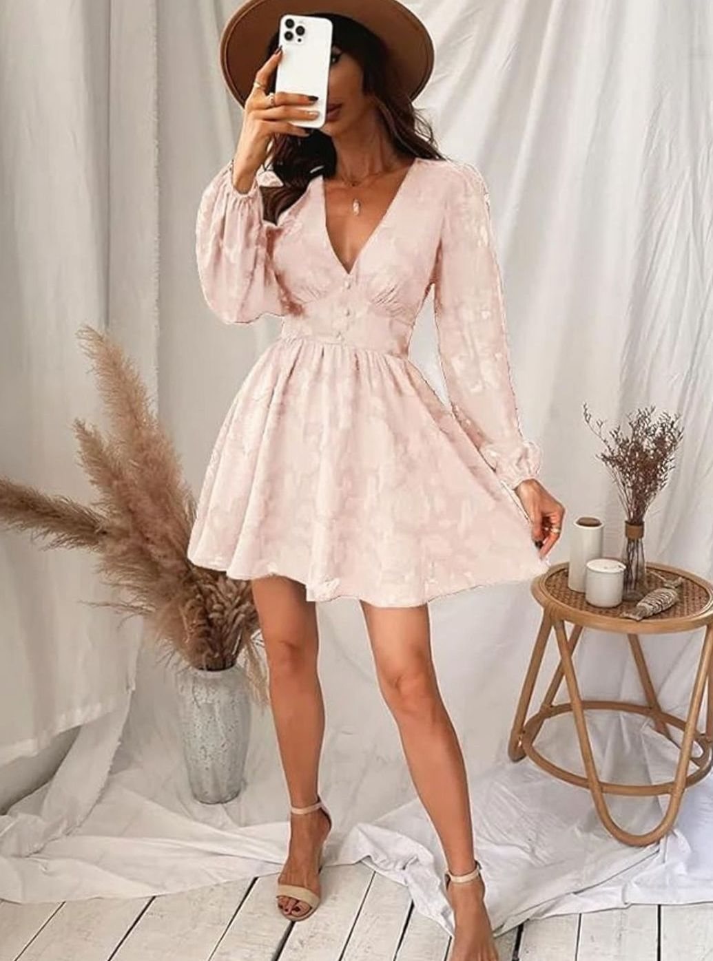 Layla | Relaxed Floral Jacquard V-Neck Long Sleeve Party Dress