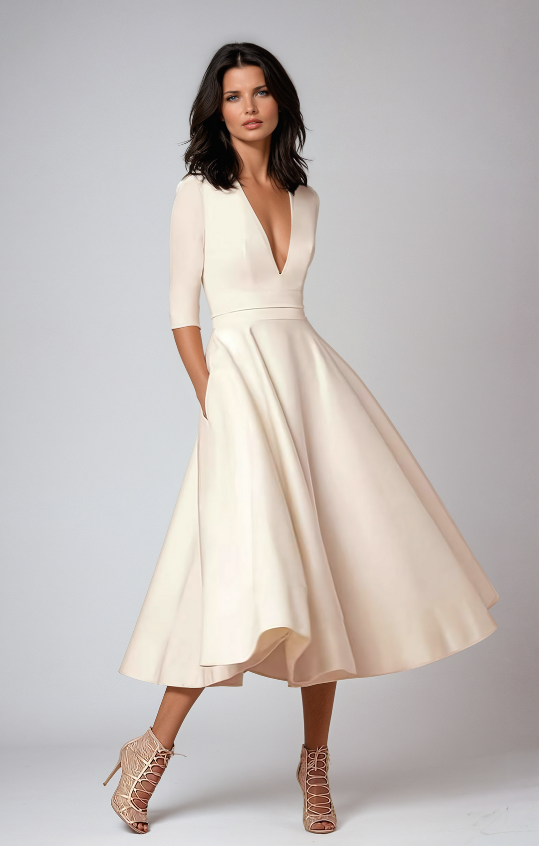 Layla | Stylish Midi A Line Dress with Deep V-Neck