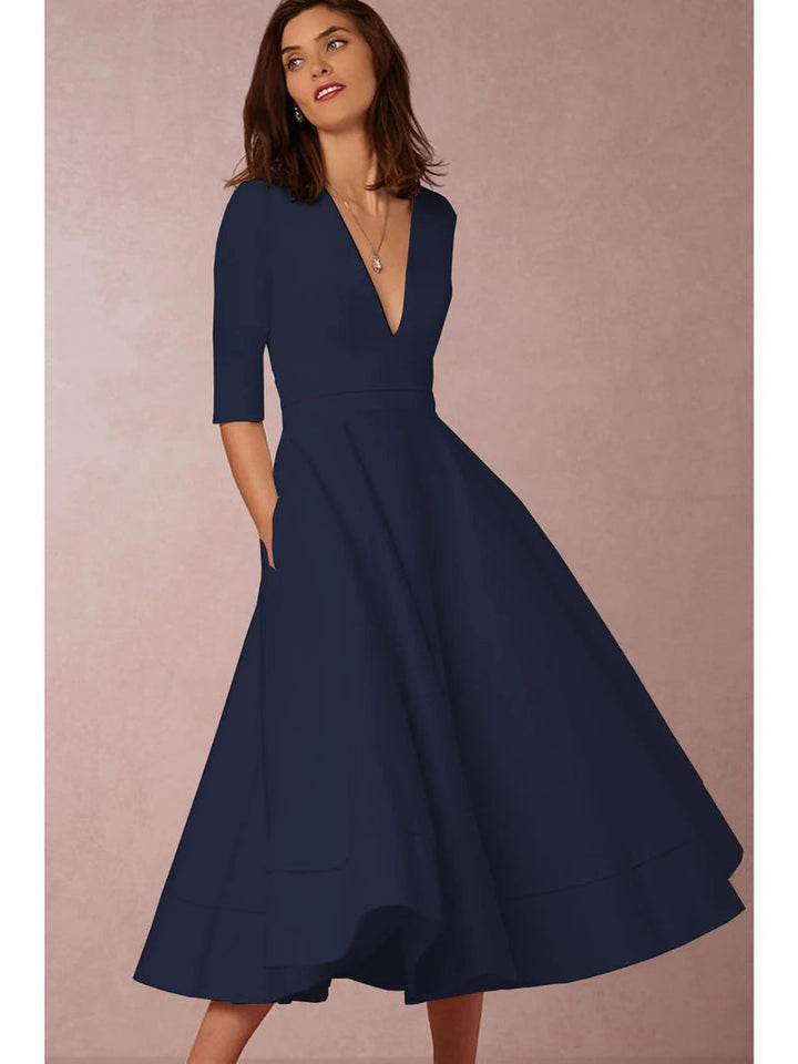 Layla | Stylish Midi A Line Dress with Deep V-Neck