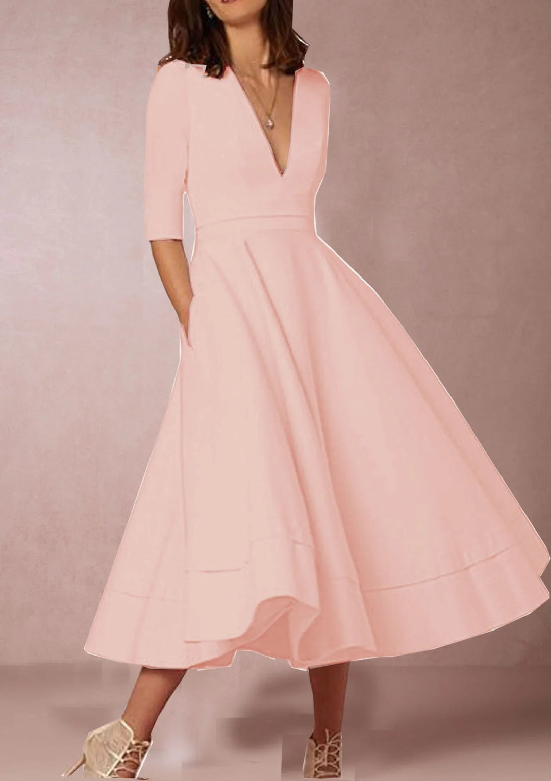 Layla | Stylish Midi A Line Dress with Deep V-Neck