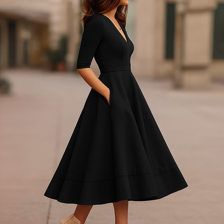 Layla | Stylish Midi A Line Dress with Deep V-Neck