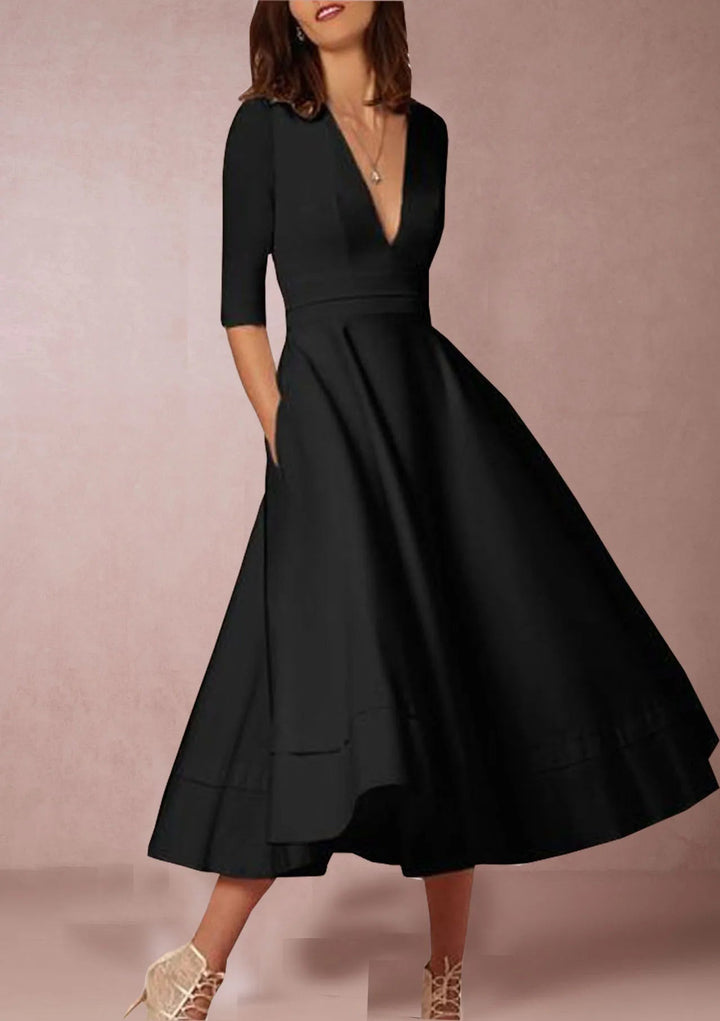 Layla | Stylish Midi A Line Dress with Deep V-Neck