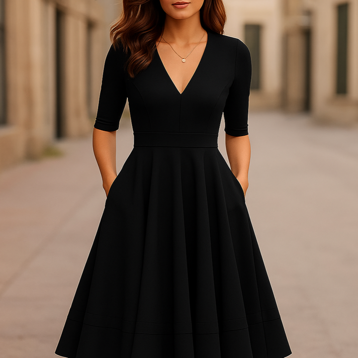Layla | Stylish Midi A Line Dress with Deep V-Neck
