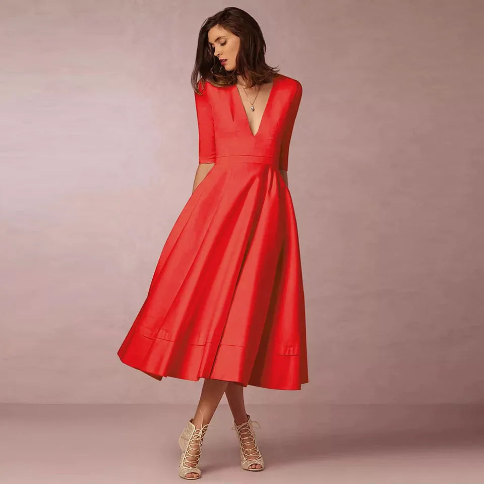 Layla | Stylish Midi A Line Dress with Deep V-Neck