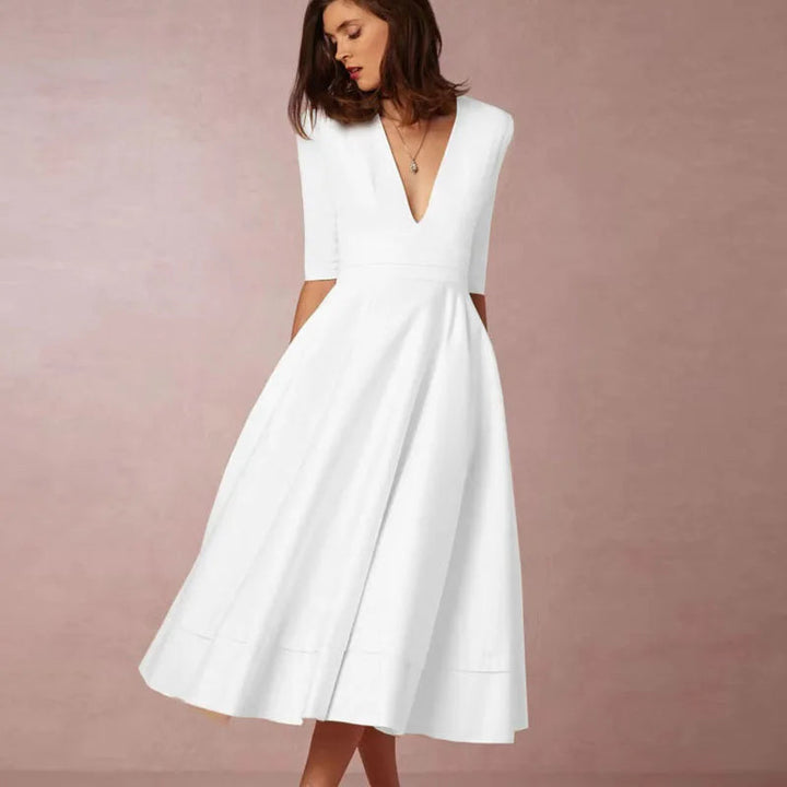 Layla | Stylish Midi A Line Dress with Deep V-Neck