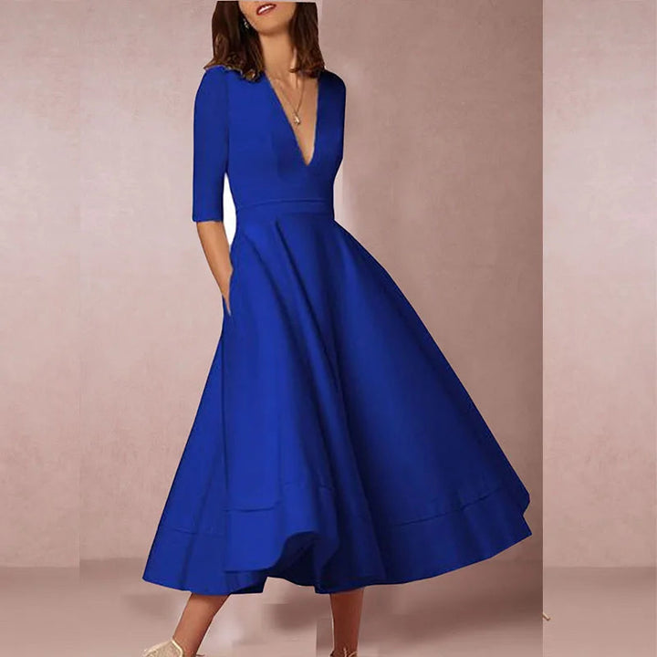 Layla | Stylish Midi A Line Dress with Deep V-Neck