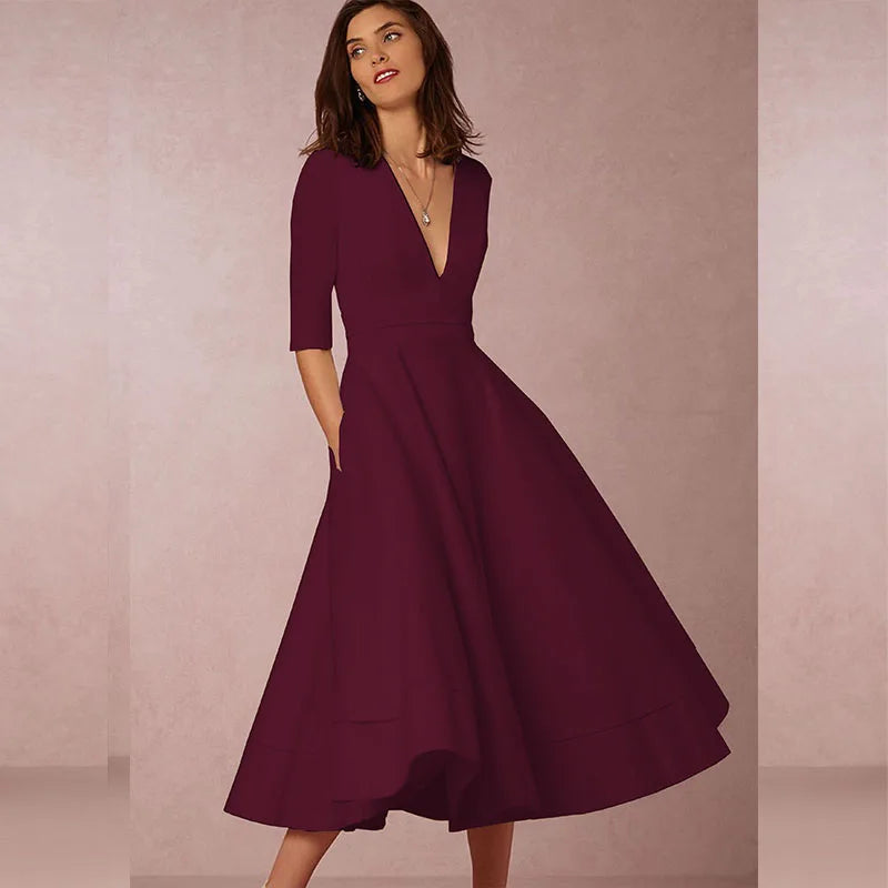 Layla | Stylish Midi A Line Dress with Deep V-Neck