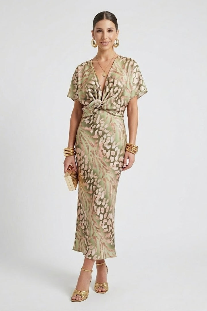 Layla | Twist Front V-Neck Short Sleeve Midi Dress
