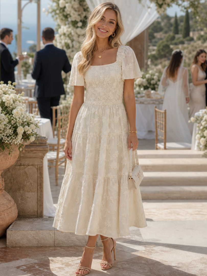 Lily | Elegant Floral Square Neck Tiered Midi Dress