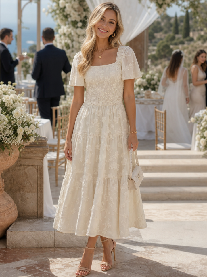 Lily | Elegant Floral Square Neck Tiered Midi Dress