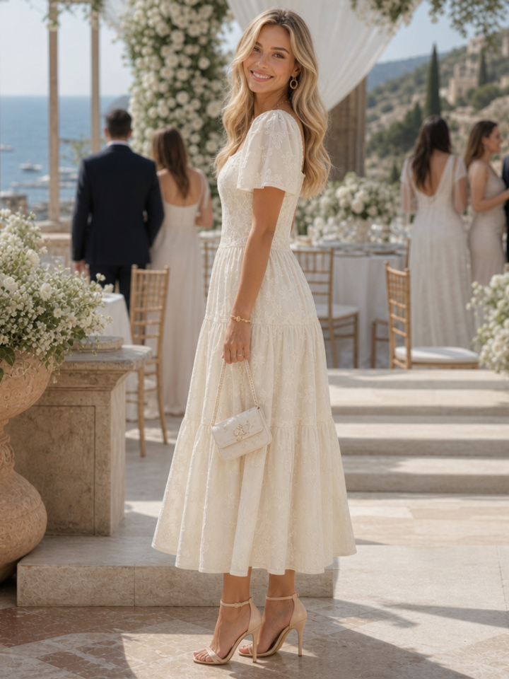 Lily | Elegant Floral Square Neck Tiered Midi Dress