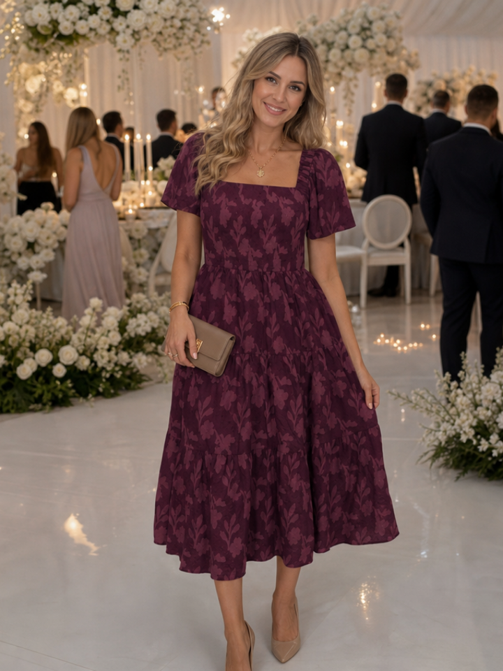 Lily | Elegant Floral Square Neck Tiered Midi Dress